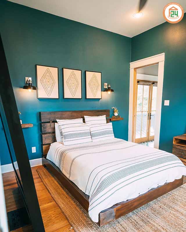 Căn phòng ngủ đẹp dịu dàng với màu xanh ngọc.