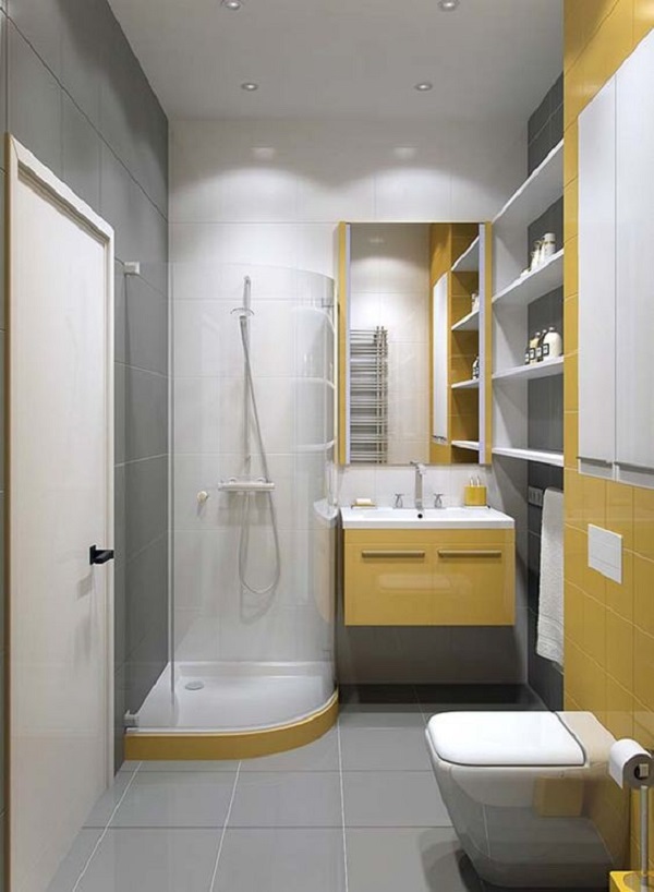 Mẫu phòng tắm nhỏ 3m2, kết hợp màu vàng trắng và xám