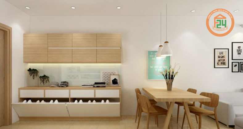 Phòng khách và bếp đều sử dụng nội thất tối giản