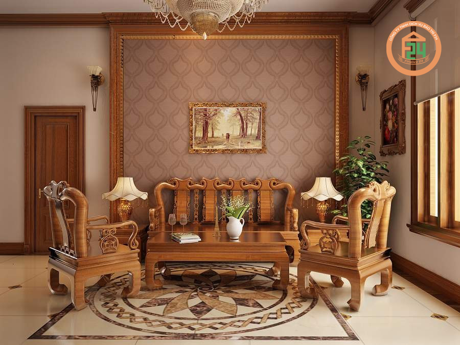 Tạo điểm nhấn cho không gian phòng khách với nội thất gỗ giả cổ