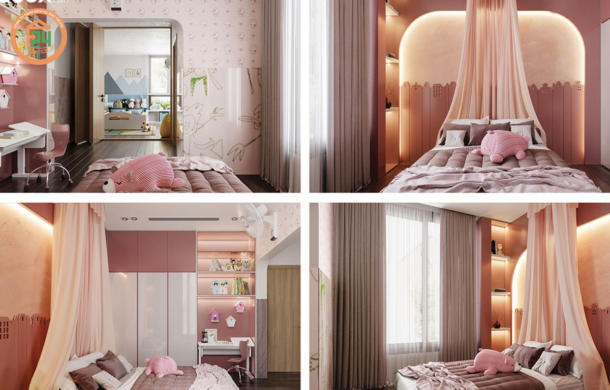 Thiết kế phòng ngủ bé gái với tone hồng chủ đạo