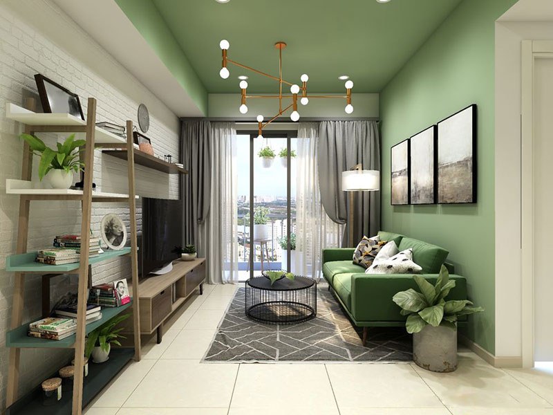 thiết kế nội thất chung cư 60m2 với gam màu xanh
