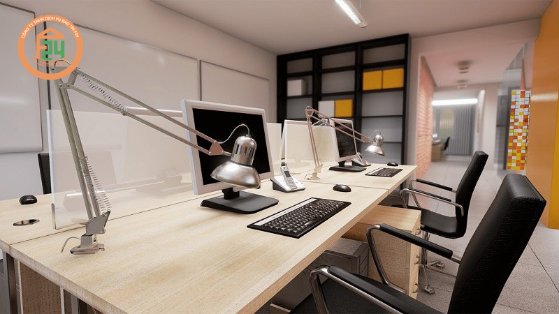 Đây là mẫu thiết kế văn phòng công ty nhỏ đẹp, đơn giản với chất liệu gỗ màu be và ghế khung inox bọc nỉ màu đen